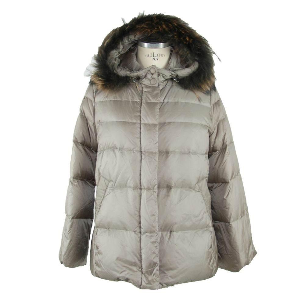Emilio Romanelli Elegant Gray Polyamide Fur-Trimmed Coat - Hilstor