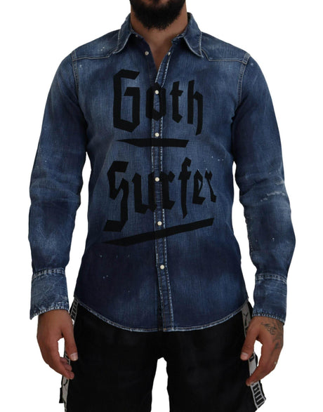 Dsquared² Blue Washed Goth Surfer Print Men Denim Shirt - Hilstor