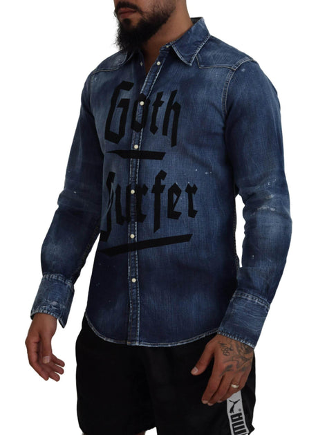 Dsquared² Blue Washed Goth Surfer Print Men Denim Shirt - Hilstor