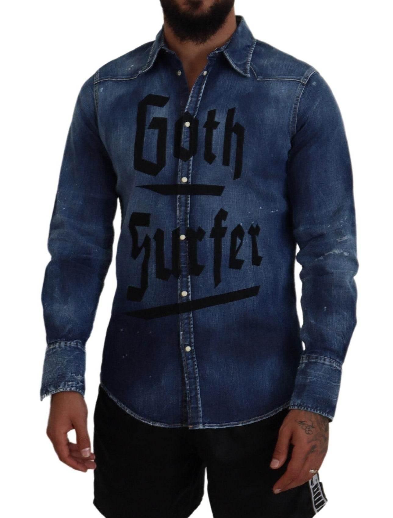 Dsquared² Blue Washed Goth Surfer Print Men Denim Shirt - Hilstor