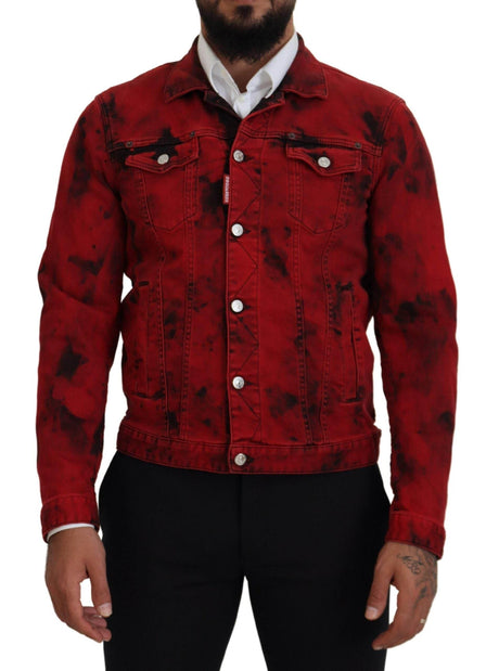Dsquared² Red Black Tie Dye Collared Men Denim Jacket - Hilstor