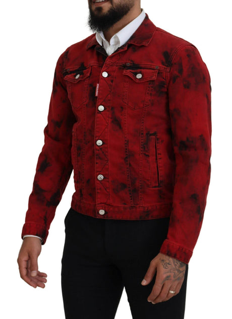 Dsquared² Red Black Tie Dye Collared Men Denim Jacket - Hilstor