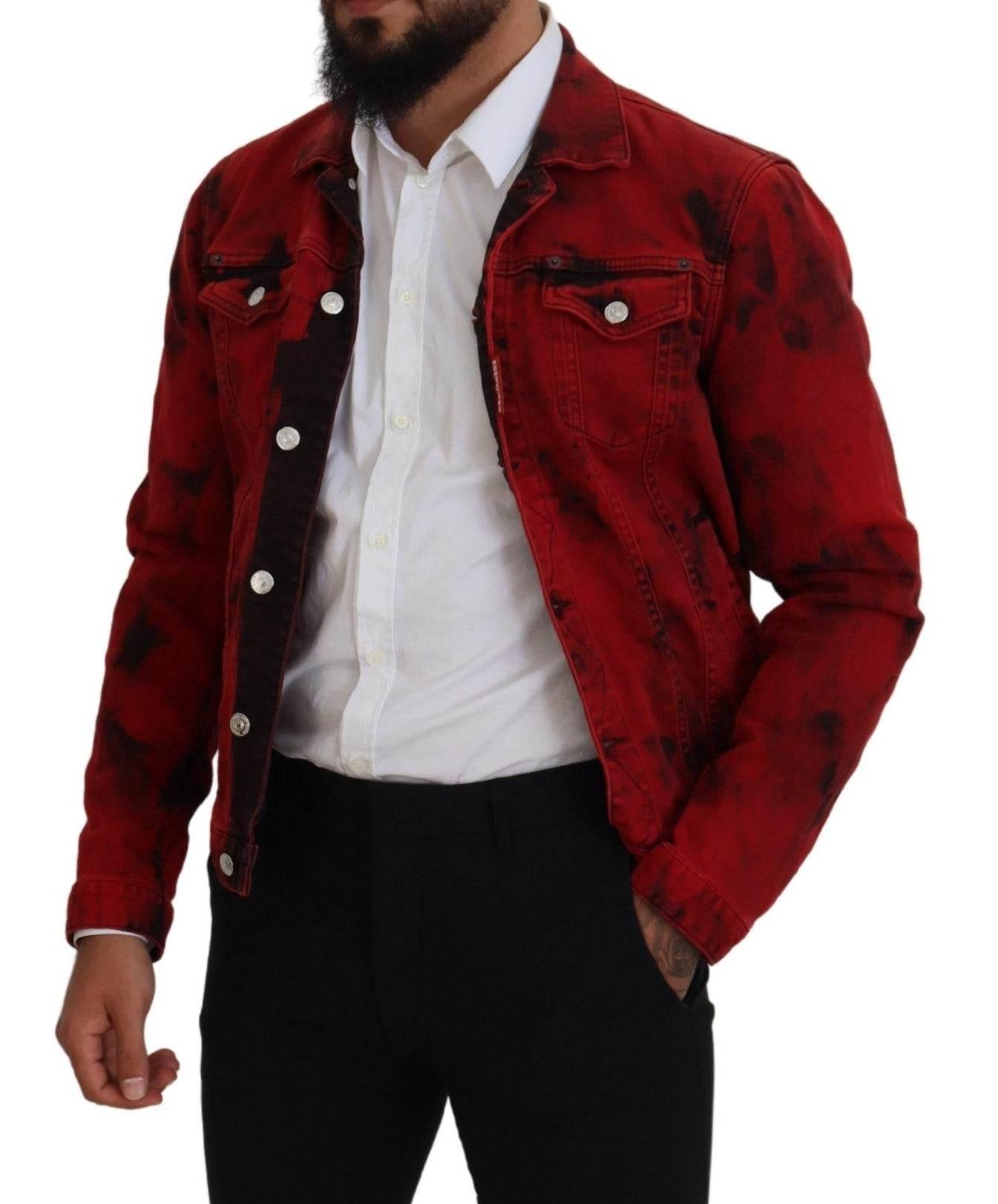 Dsquared² Red Black Tie Dye Collared Men Denim Jacket - Hilstor