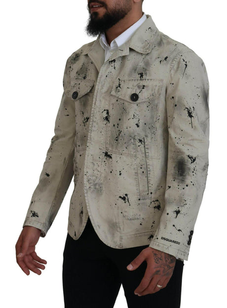Dsquared² Off White Black Splash Print Casual Denim Jacket - Hilstor