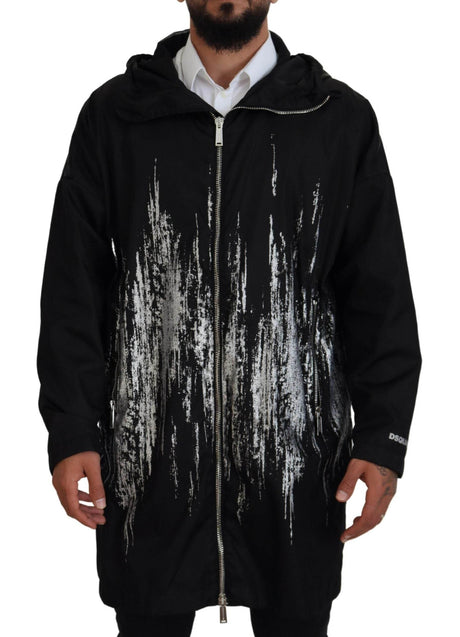 Dsquared² Black White Print Long Hooded Coat Nylon Jacket - Hilstor
