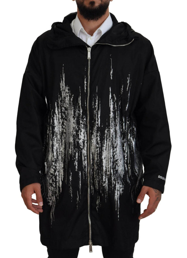 Dsquared² Black White Print Long Hooded Coat Nylon Jacket - Hilstor
