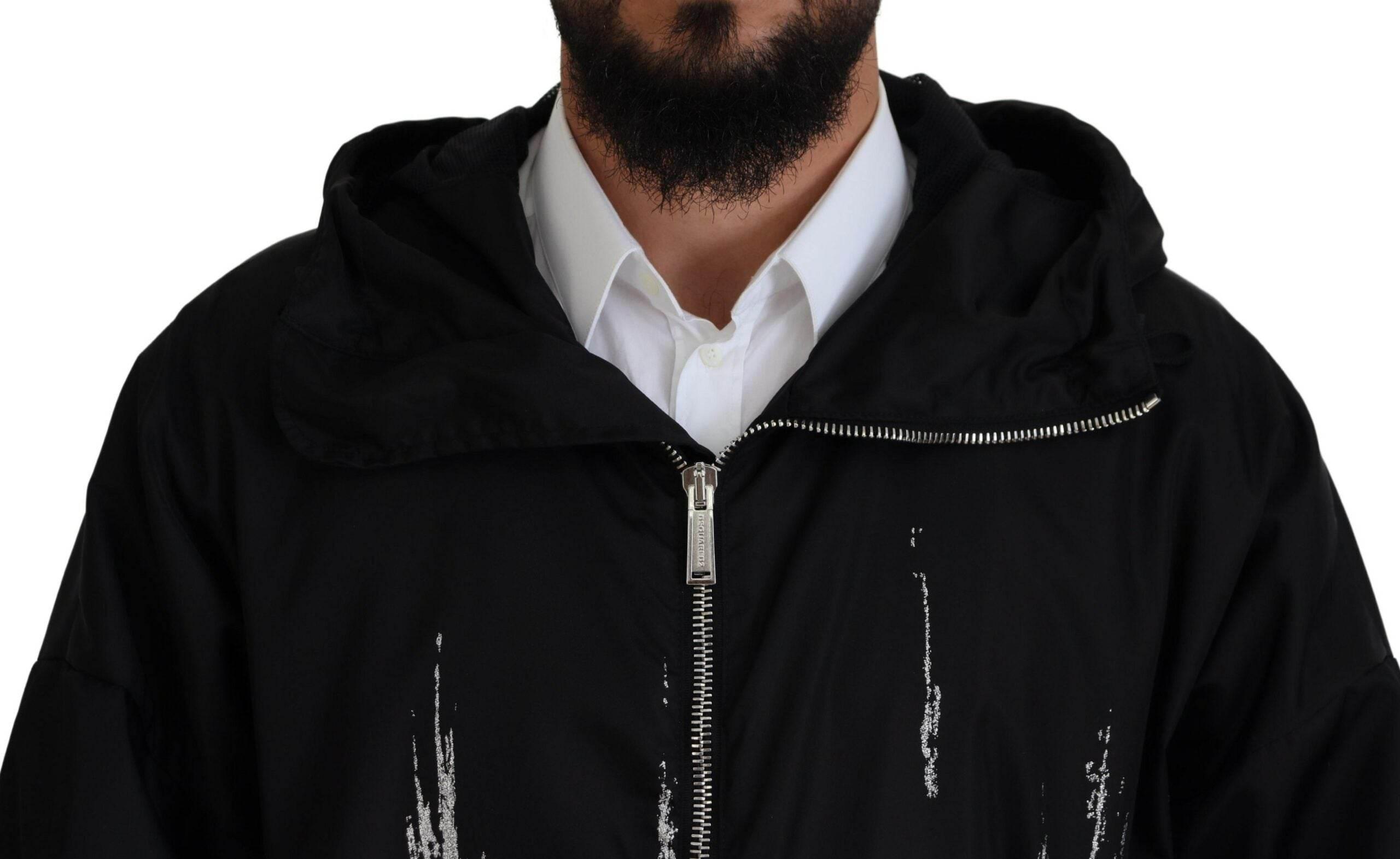 Dsquared² Black White Print Long Hooded Coat Nylon Jacket - Hilstor