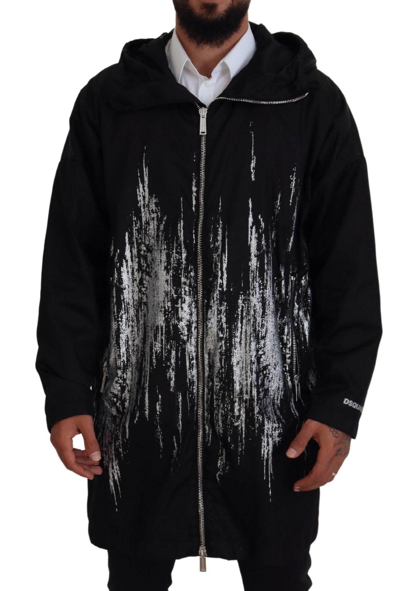 Dsquared² Black White Print Long Hooded Coat Nylon Jacket - Hilstor