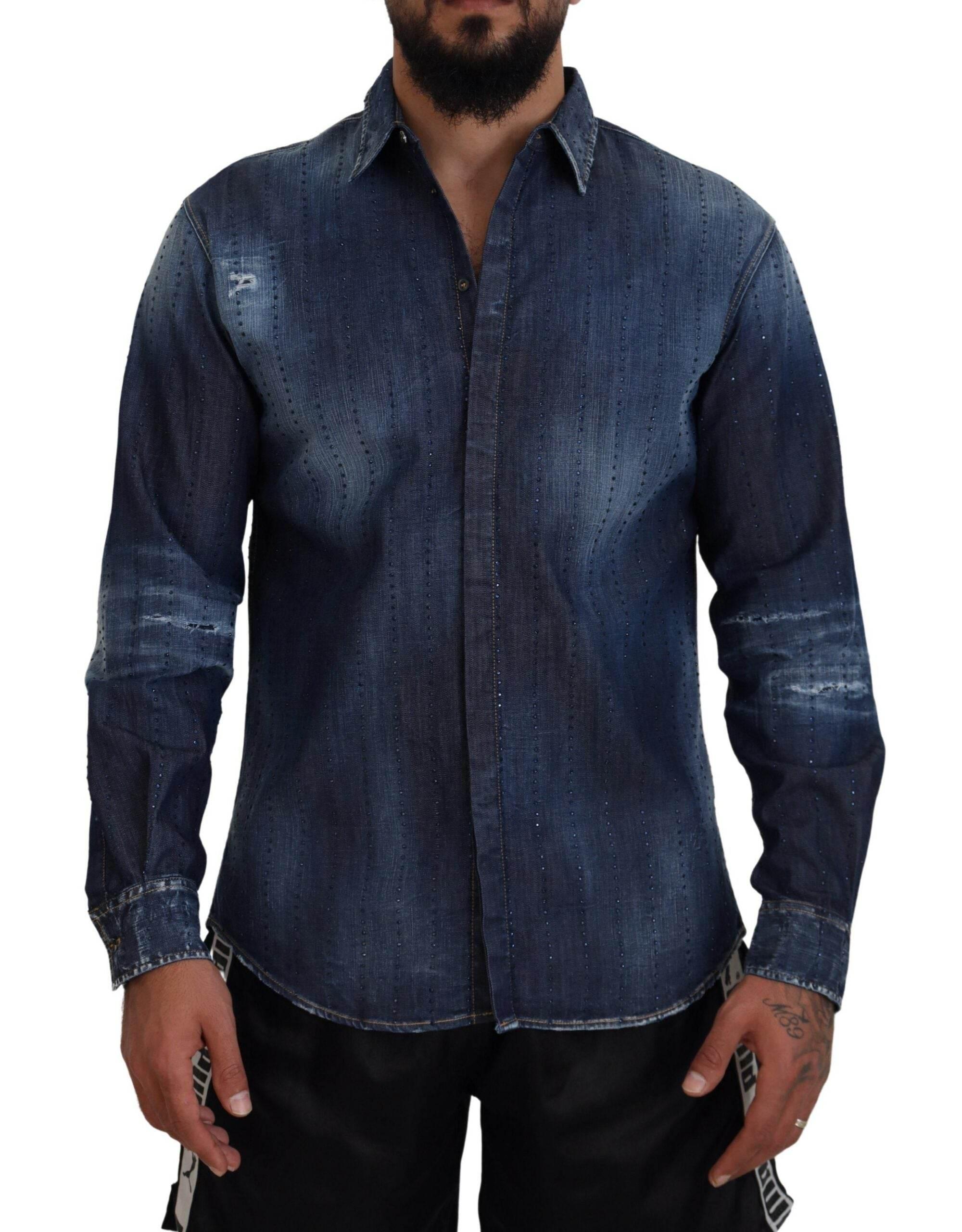 Dsquared² Blue Tattered Crystal Embellished Denim Shirt - Hilstor