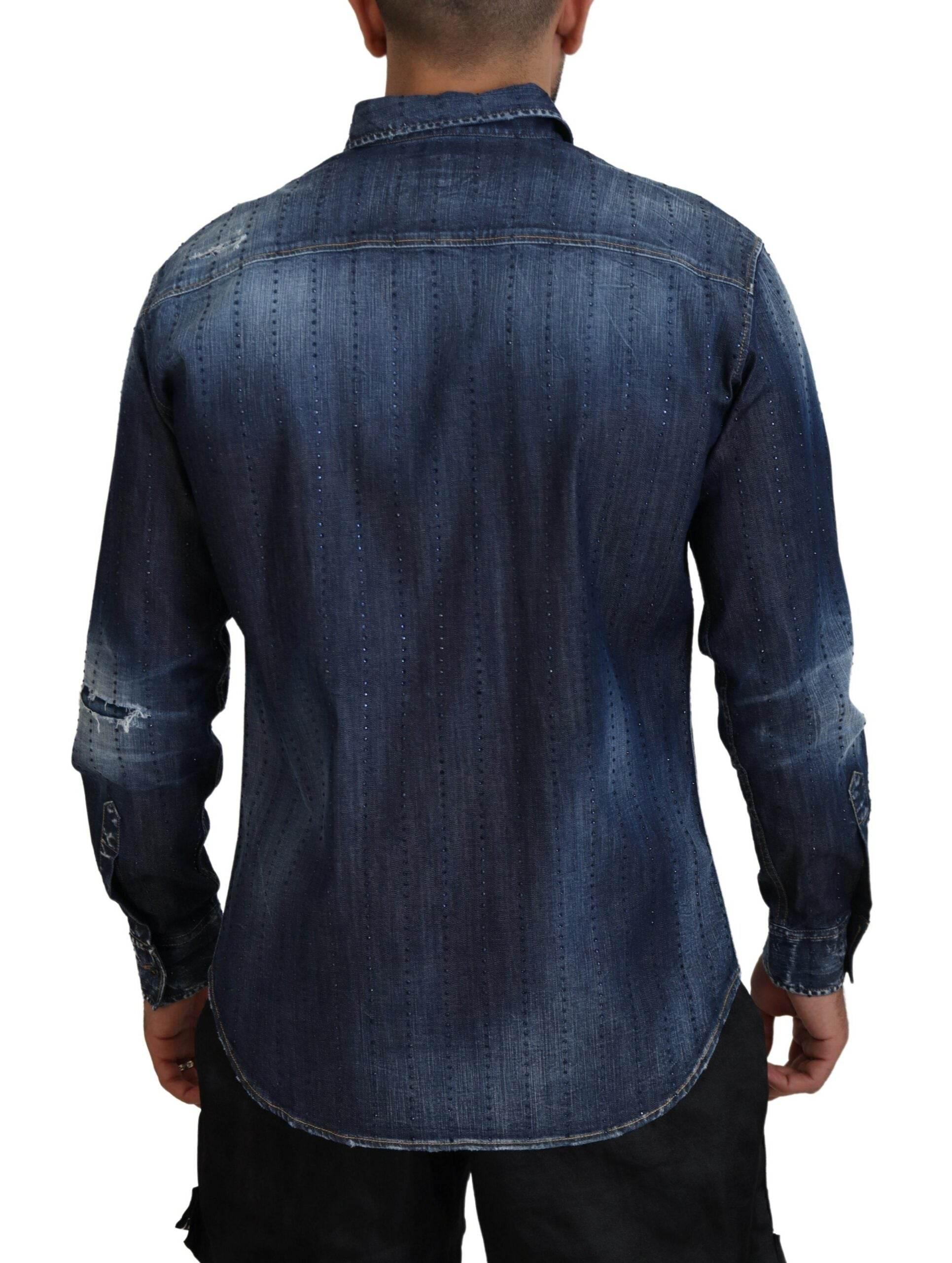Dsquared² Blue Tattered Crystal Embellished Denim Shirt - Hilstor