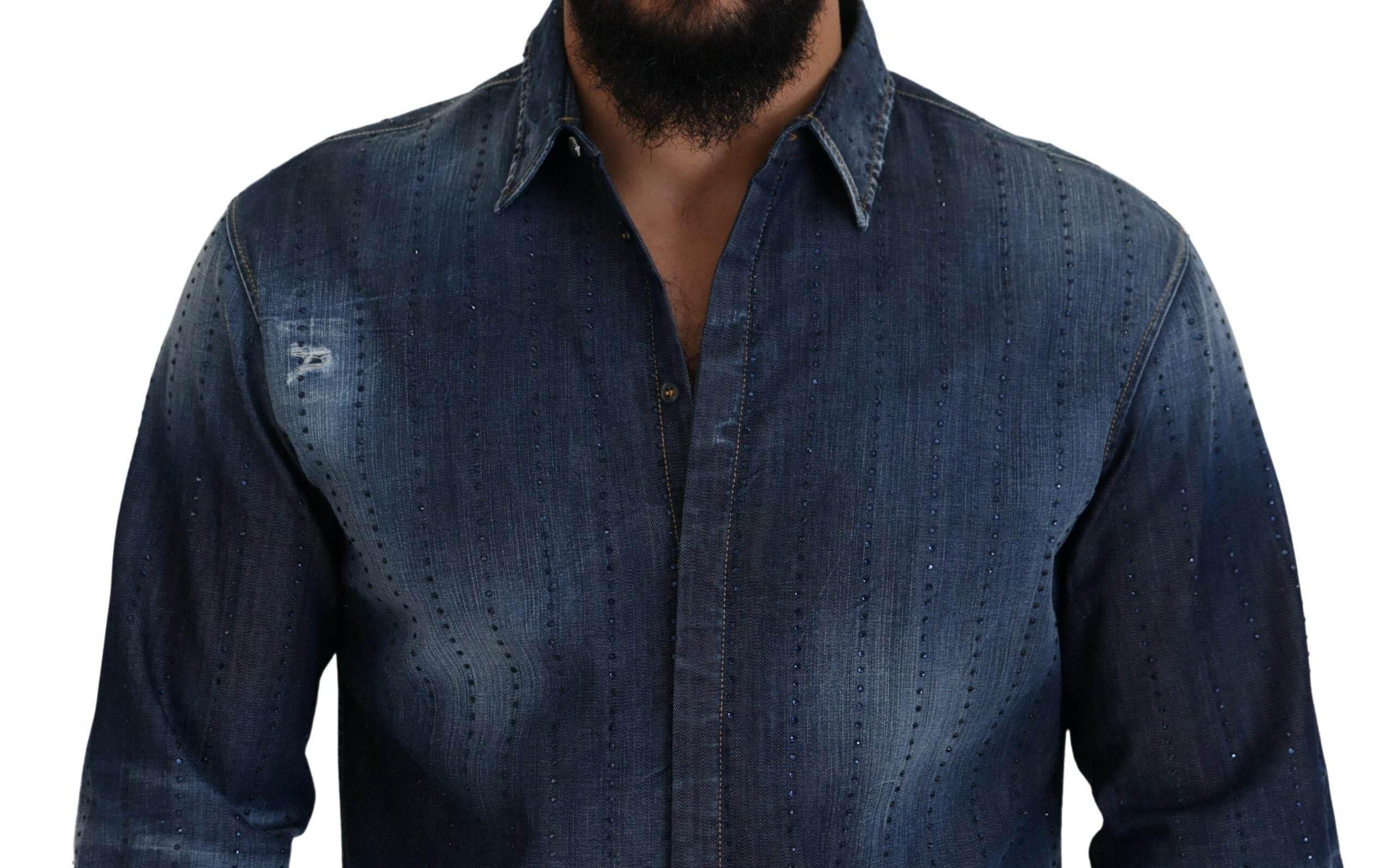 Dsquared² Blue Tattered Crystal Embellished Denim Shirt - Hilstor