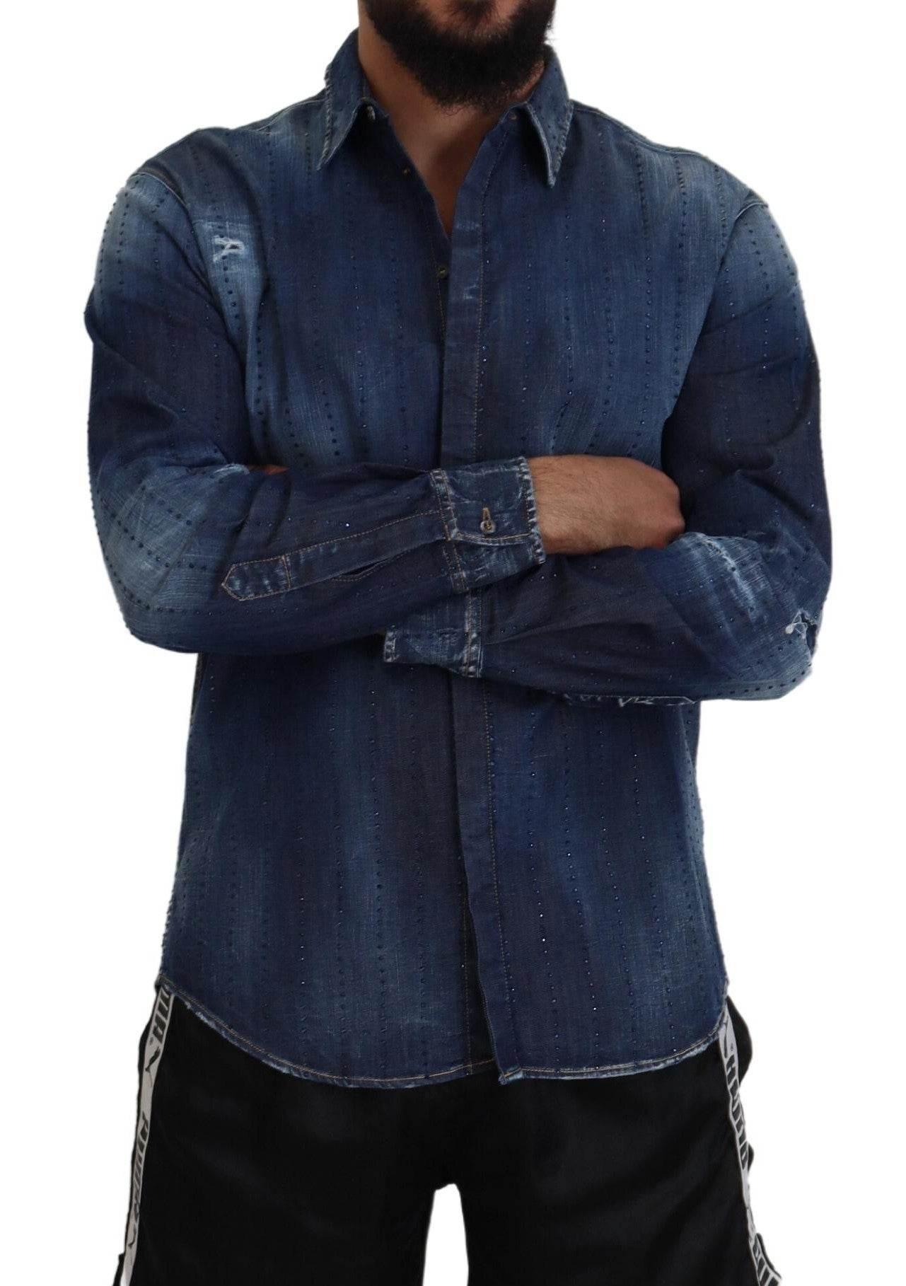 Dsquared² Blue Tattered Crystal Embellished Denim Shirt - Hilstor