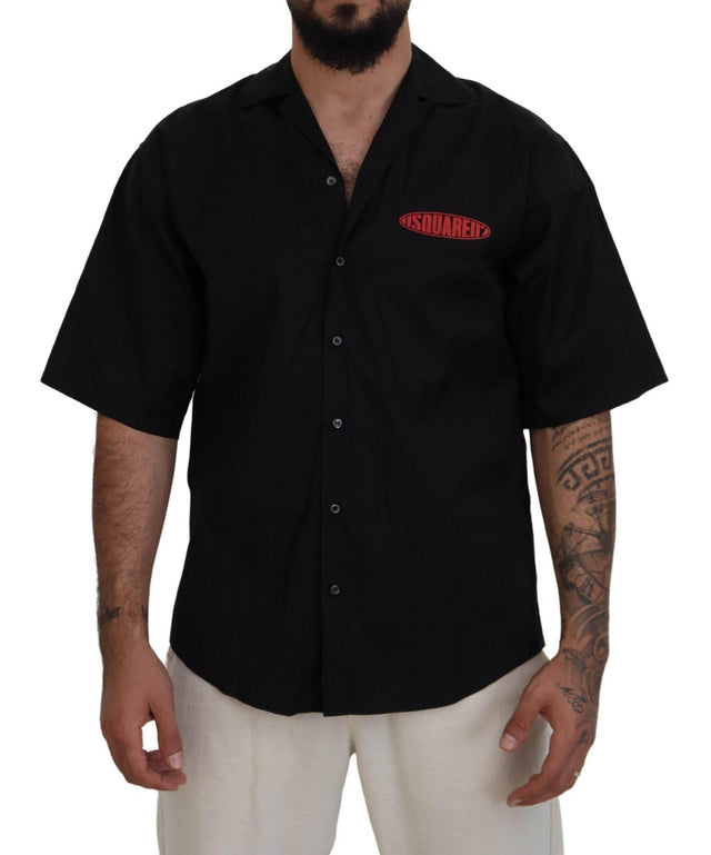 Dsquared² Black Cotton Collared Logo Print Short Sleeve Shirt - Hilstor