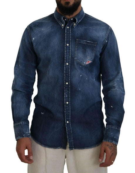 Dsquared² Blue Washed Collared Men Casual Long Sleeves Shirt - Hilstor