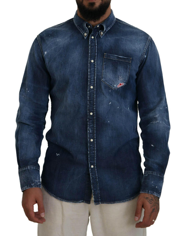 Dsquared² Blue Washed Collared Men Casual Long Sleeves Shirt - Hilstor