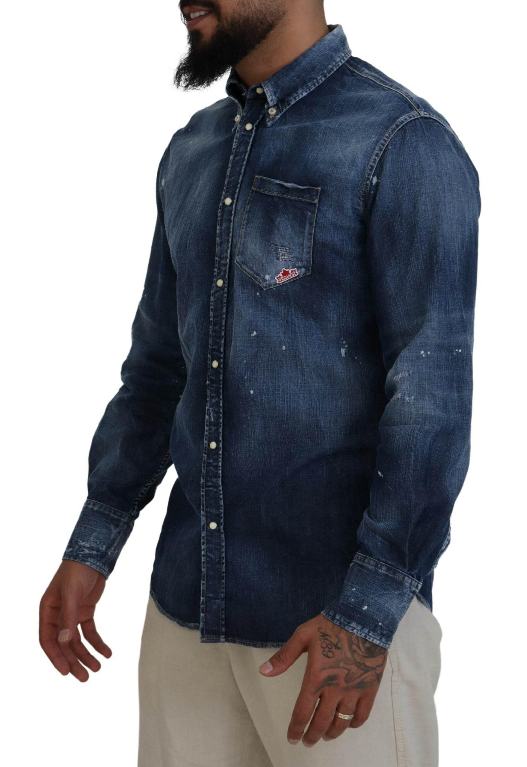 Dsquared² Blue Washed Collared Men Casual Long Sleeves Shirt - Hilstor