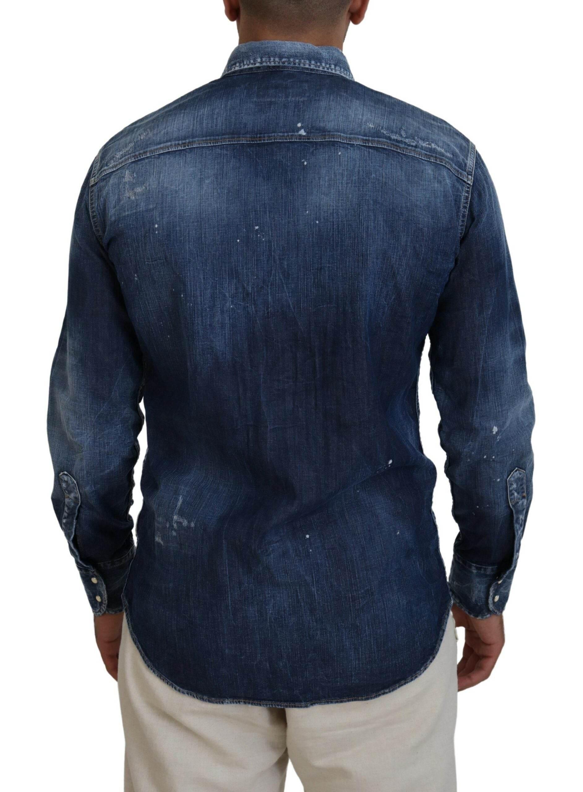 Dsquared² Blue Washed Collared Men Casual Long Sleeves Shirt - Hilstor
