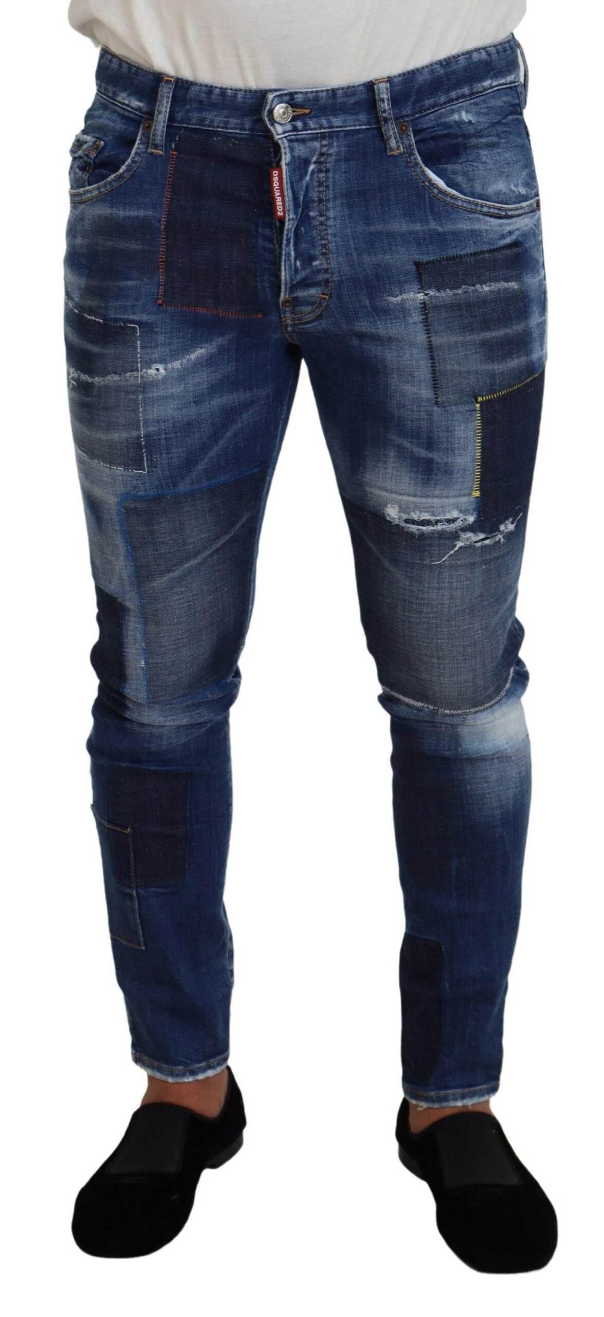 Dsquared² Blue Washed Patchwork Skinny Men Denim Jeans - Hilstor