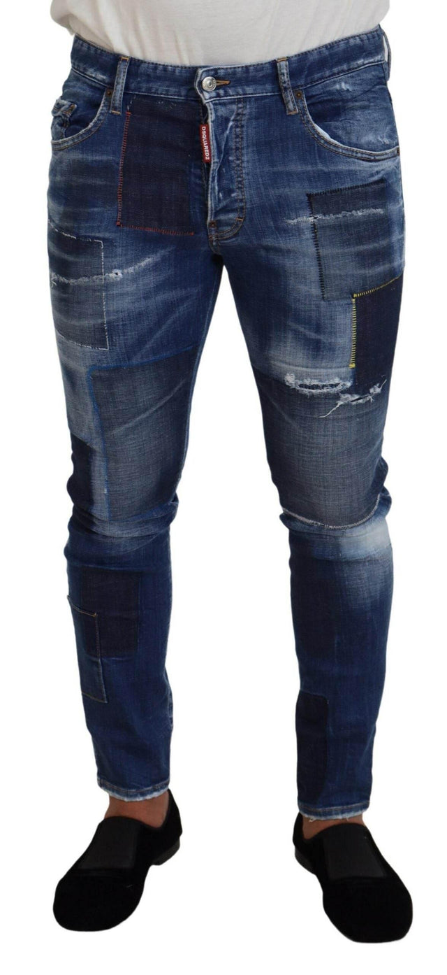 Dsquared² Blue Washed Patchwork Skinny Men Denim Jeans - Hilstor