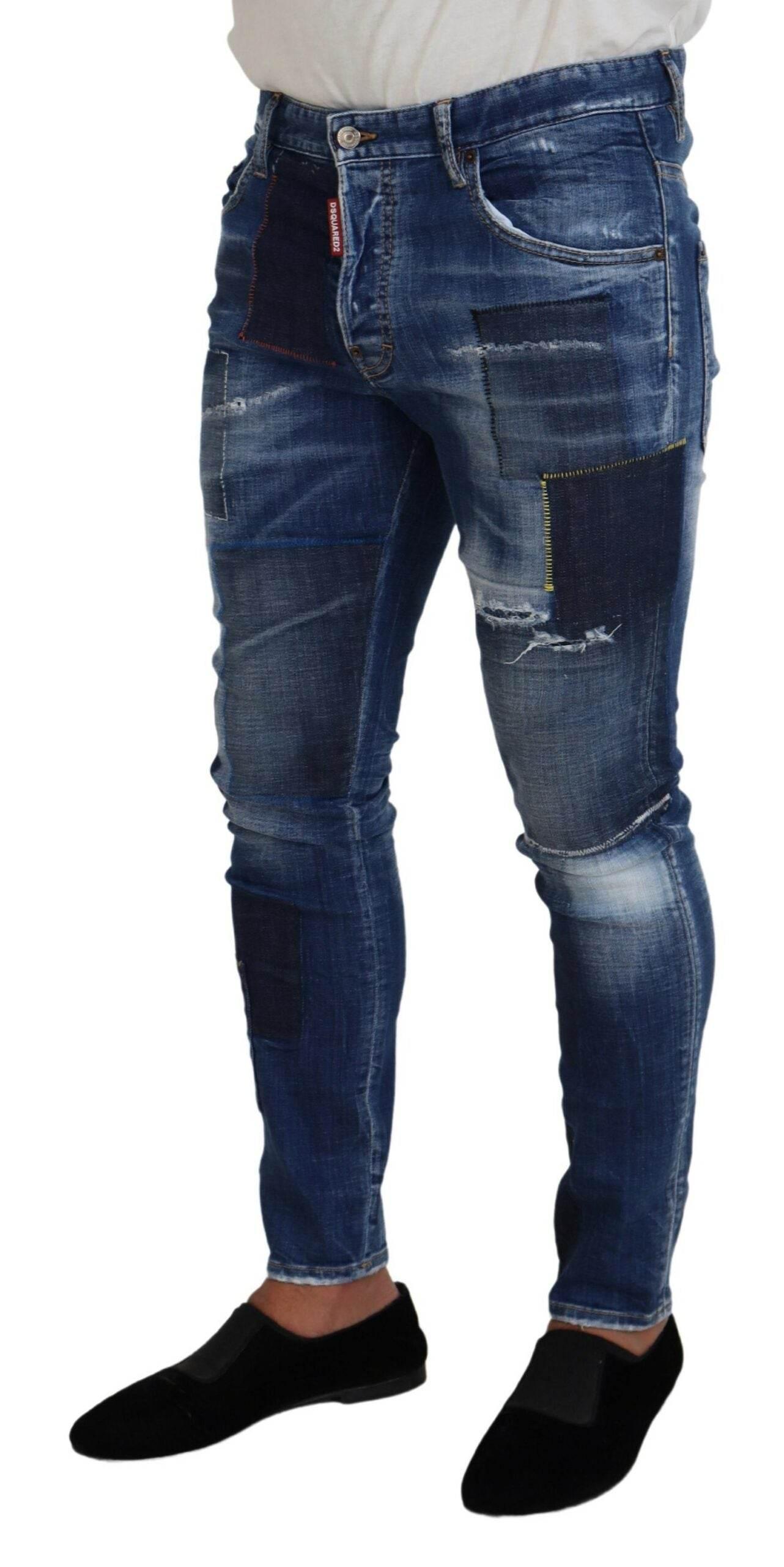 Dsquared² Blue Washed Patchwork Skinny Men Denim Jeans - Hilstor