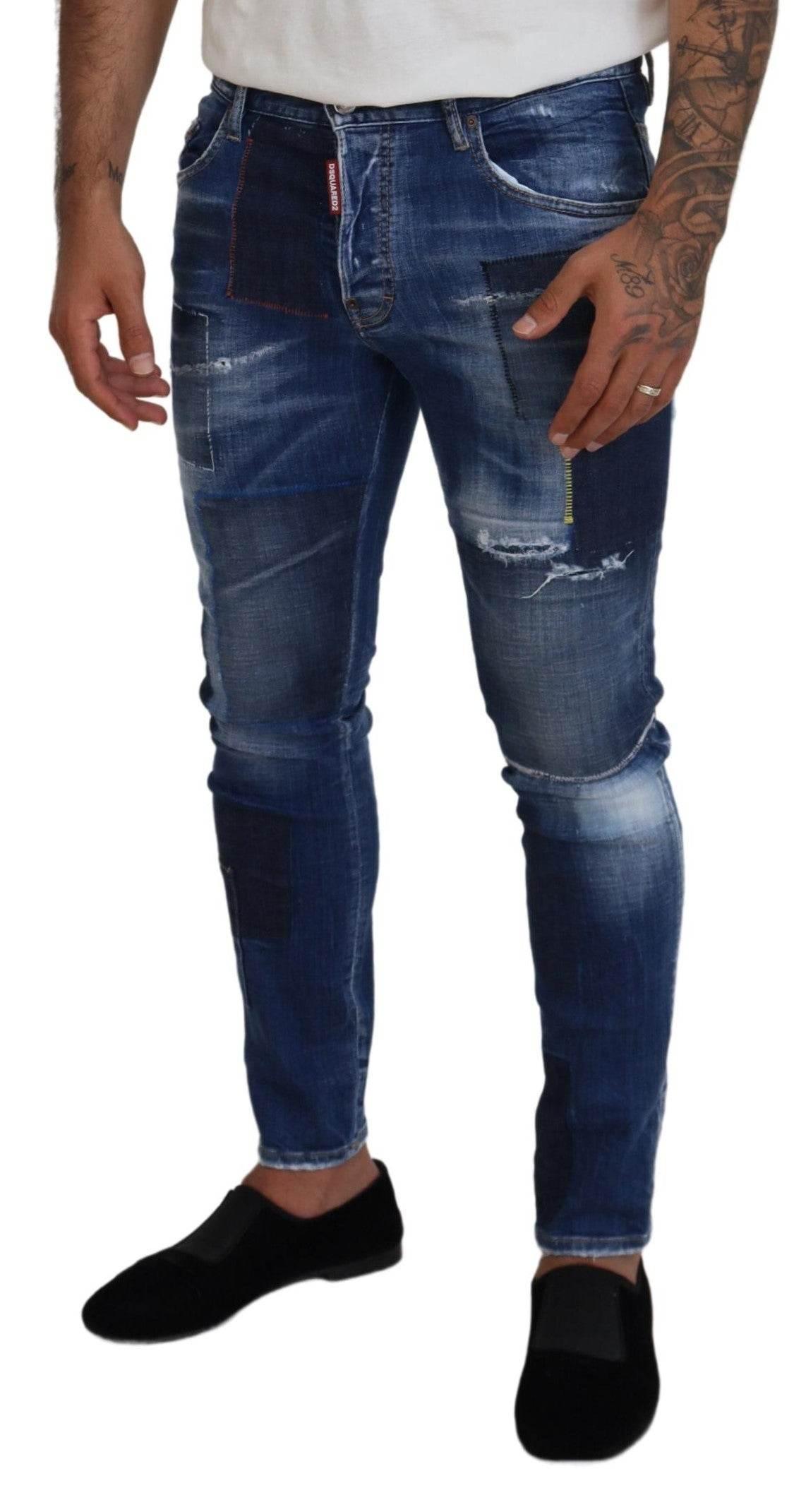 Dsquared² Blue Washed Patchwork Skinny Men Denim Jeans - Hilstor