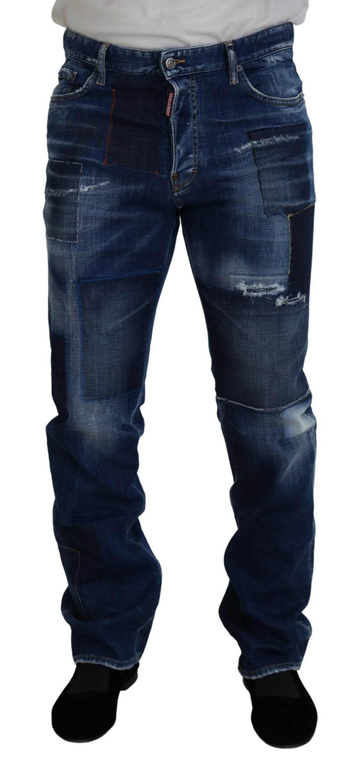 Dsquared² Blue Washed Patchwork Straight Fit Denim Jeans - Hilstor