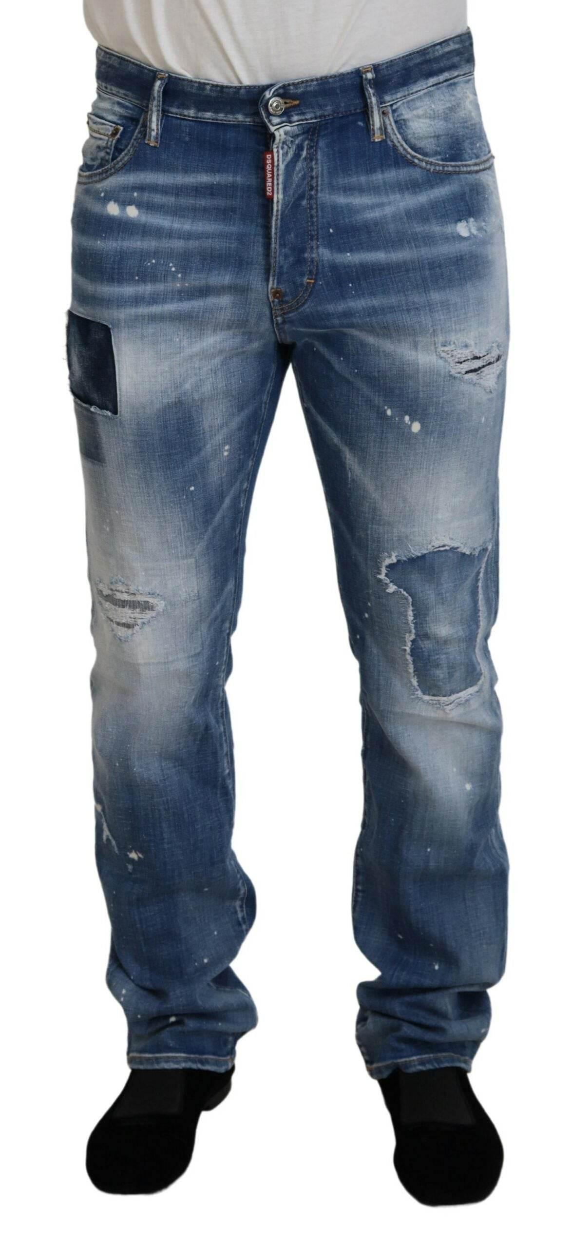 Dsquared² Blue Washed Tattered Straight Fit Casual Denim Jeans - Hilstor