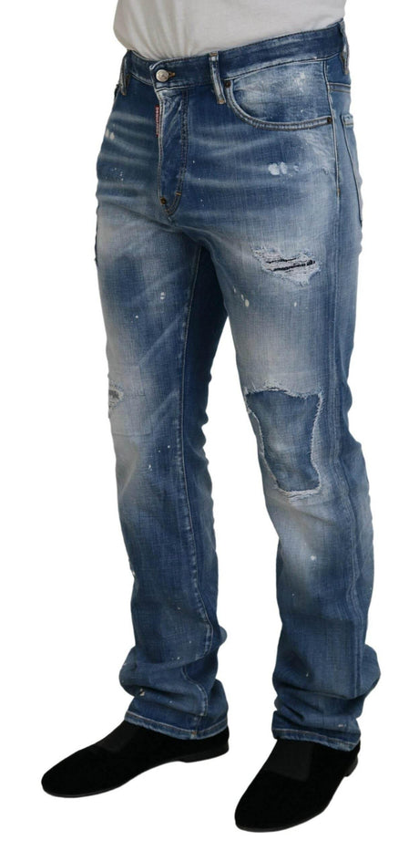 Dsquared² Blue Washed Tattered Straight Fit Casual Denim Jeans - Hilstor