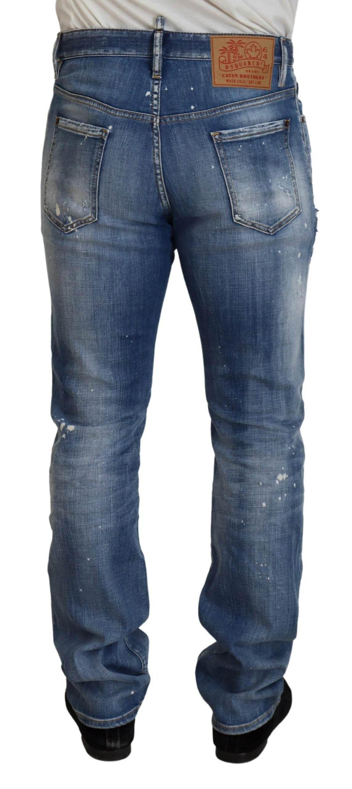 Dsquared² Blue Washed Tattered Straight Fit Casual Denim Jeans - Hilstor