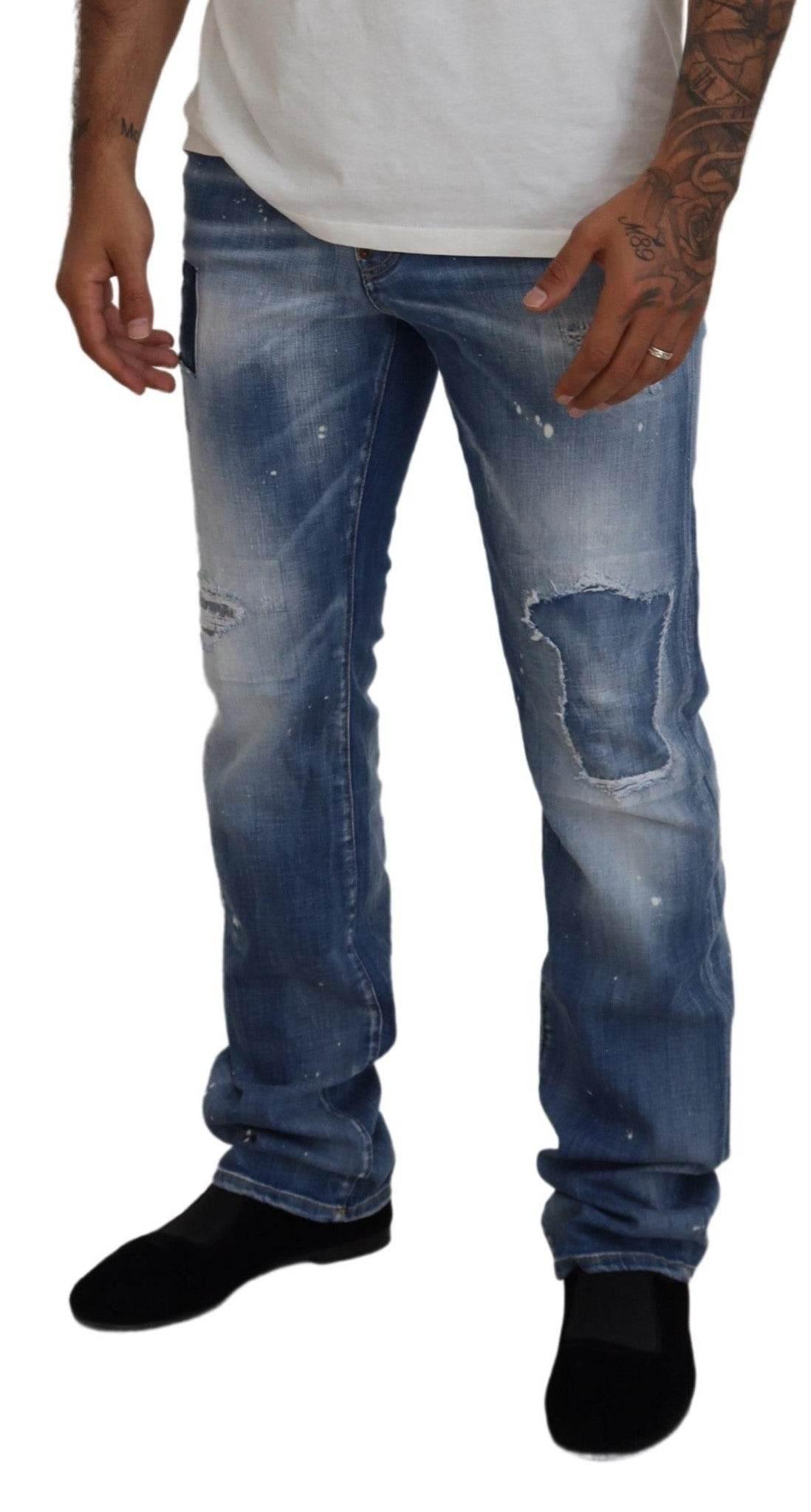 Dsquared² Blue Washed Tattered Straight Fit Casual Denim Jeans - Hilstor