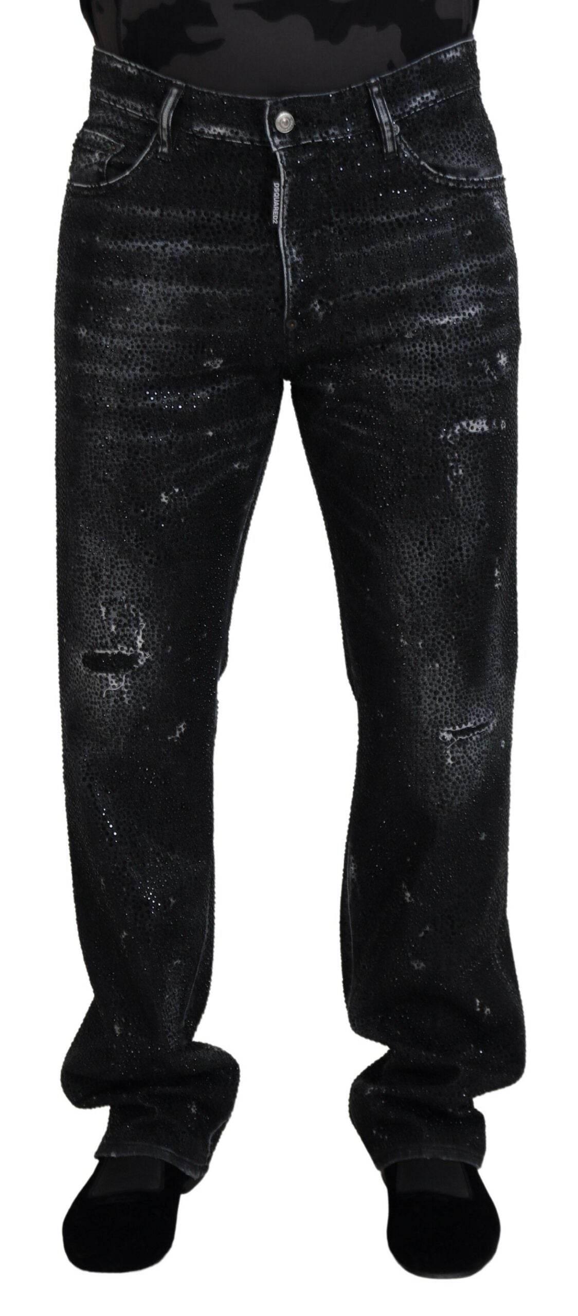 Dsquared² Black Crystal Embellished Tattered Denim Jeans - Hilstor