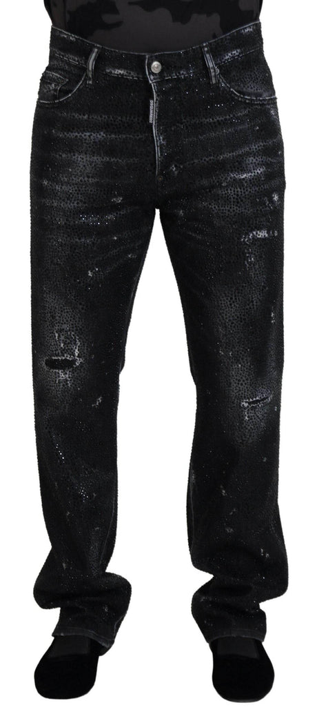 Dsquared² Black Crystal Embellished Tattered Denim Jeans - Hilstor