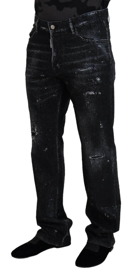 Dsquared² Black Crystal Embellished Tattered Denim Jeans - Hilstor