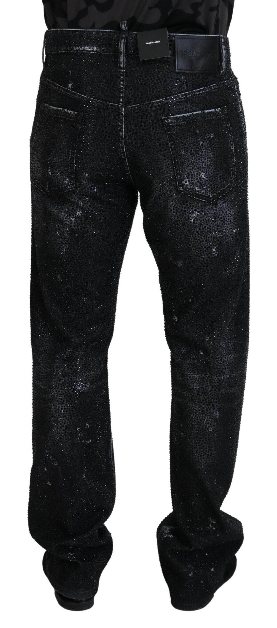 Dsquared² Black Crystal Embellished Tattered Denim Jeans - Hilstor