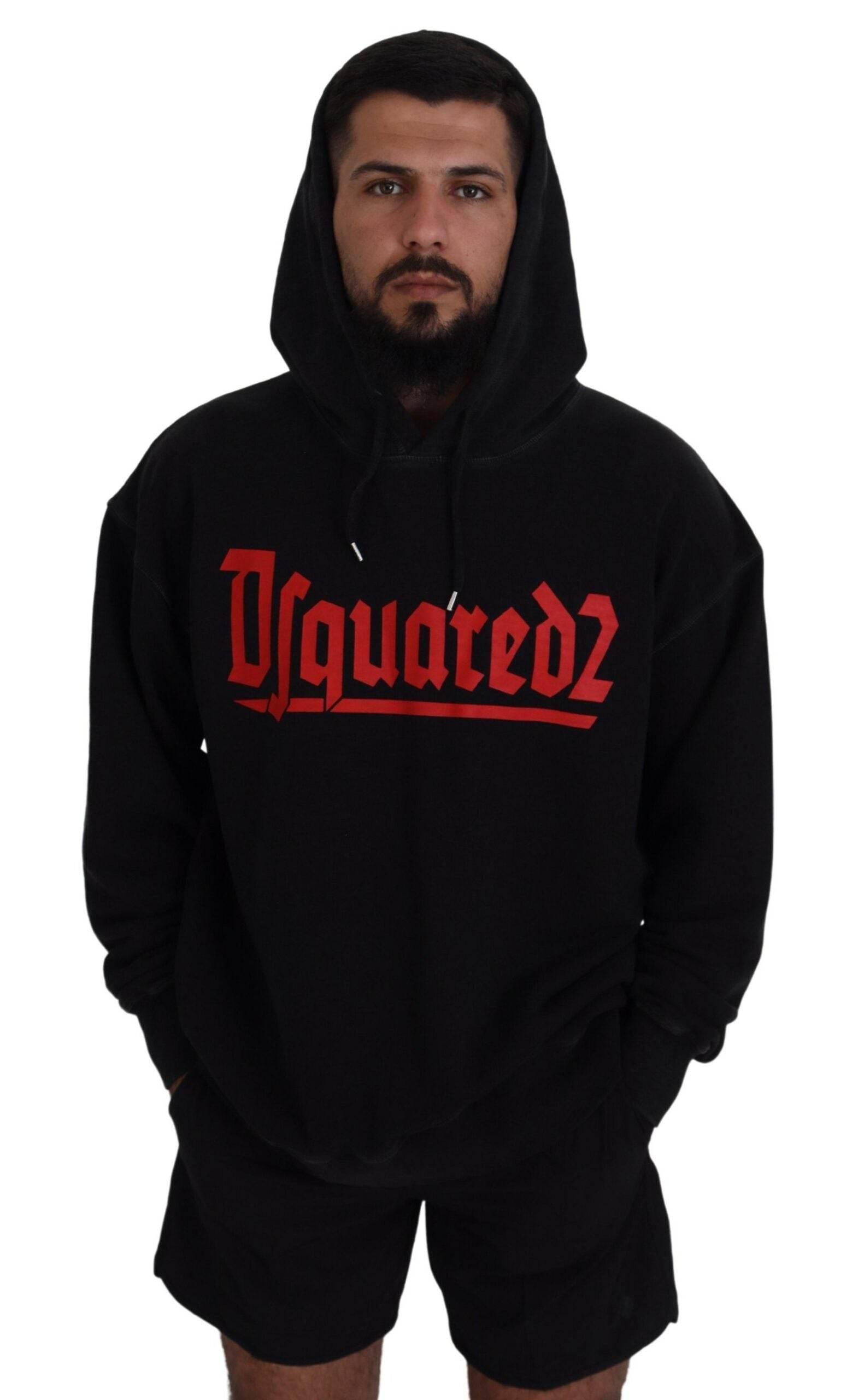 Dsquared² Black Cotton Hooded Printed Men Pullover Sweater - Hilstor
