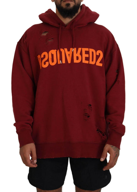 Dsquared² Maroon Cotton Tattered Hooded Printed Pullover Sweater - Hilstor