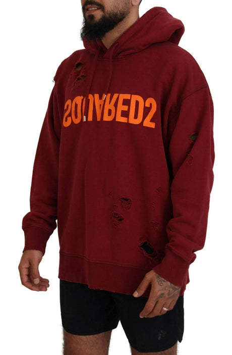 Dsquared² Maroon Cotton Tattered Hooded Printed Pullover Sweater - Hilstor