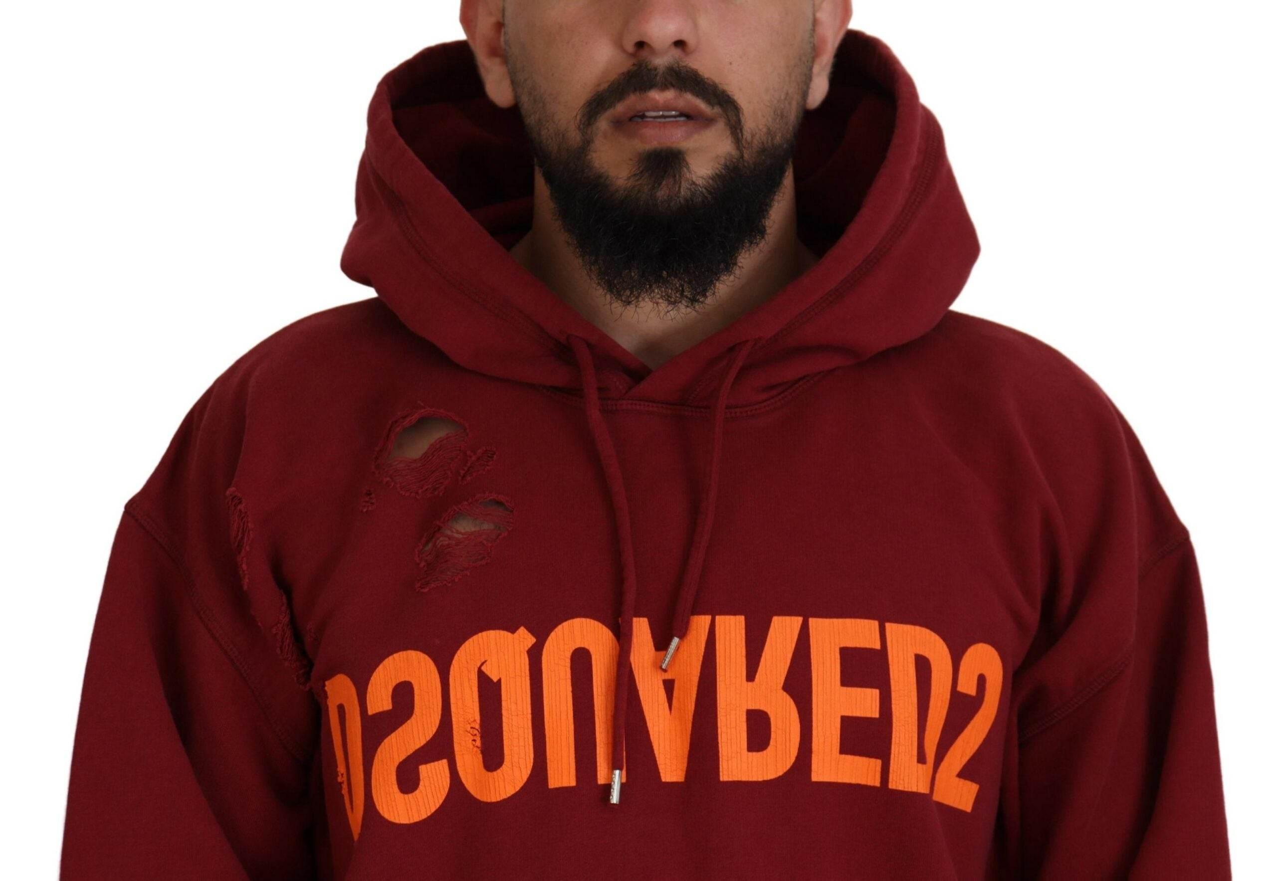 Dsquared² Maroon Cotton Tattered Hooded Printed Pullover Sweater - Hilstor