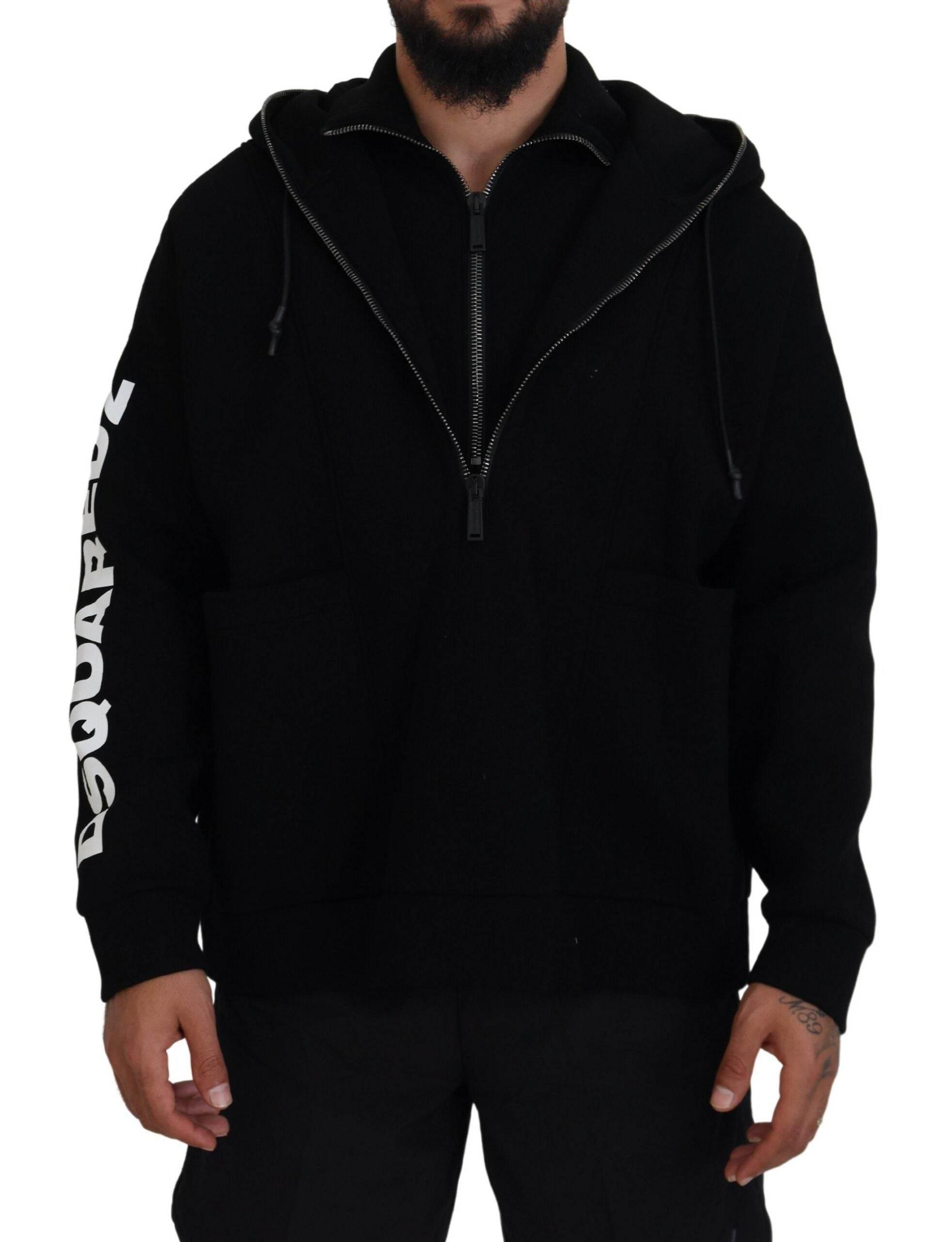 Dsquared² Black Hooded Printed Sleeves Double Zip Sweater - Hilstor