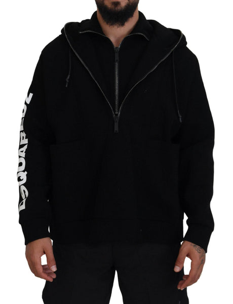 Dsquared² Black Hooded Printed Sleeves Double Zip Sweater - Hilstor