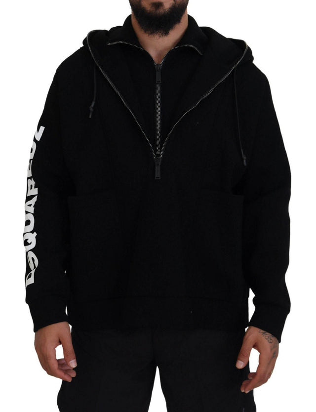 Dsquared² Black Hooded Printed Sleeves Double Zip Sweater - Hilstor