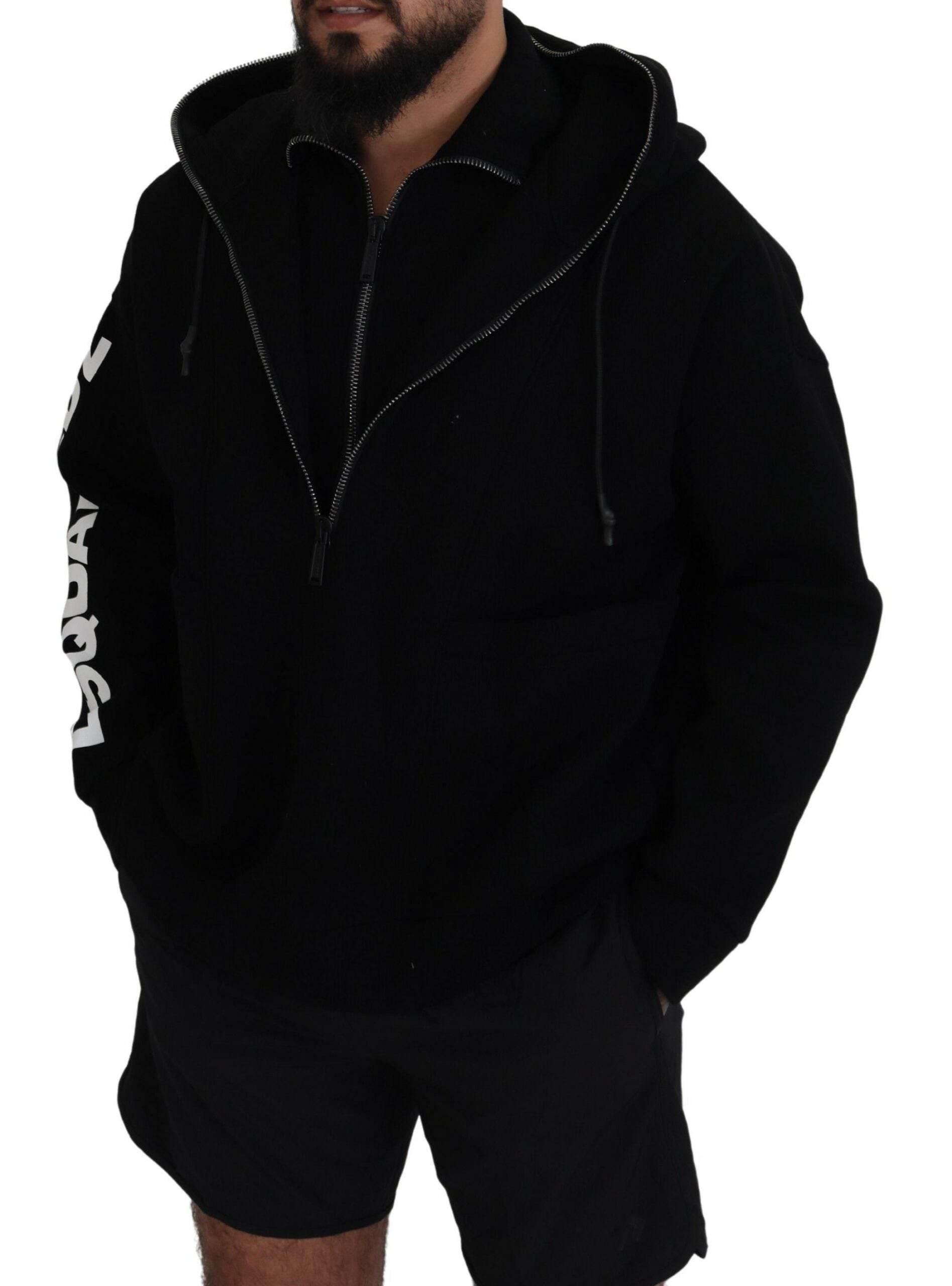 Dsquared² Black Hooded Printed Sleeves Double Zip Sweater - Hilstor
