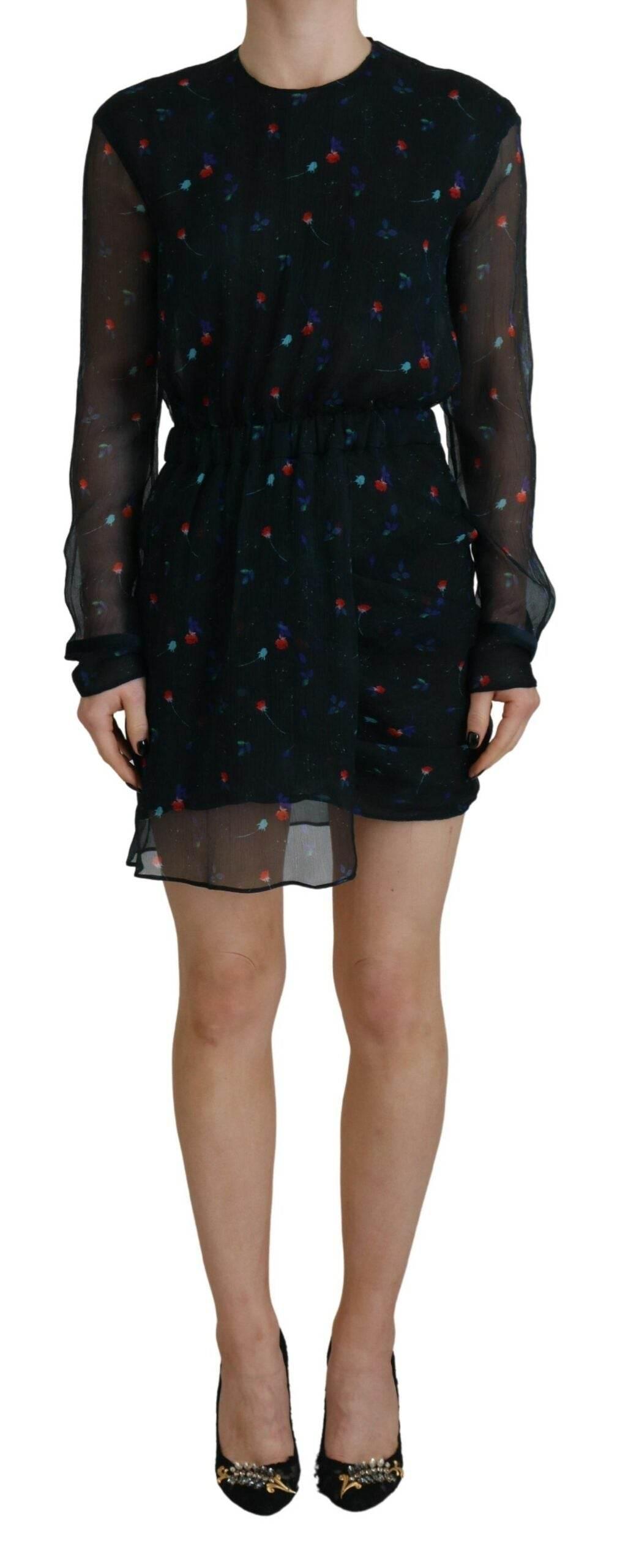 Dsquared² Black Floral Silk Long Sleeves Sheath Mini Dress - Hilstor