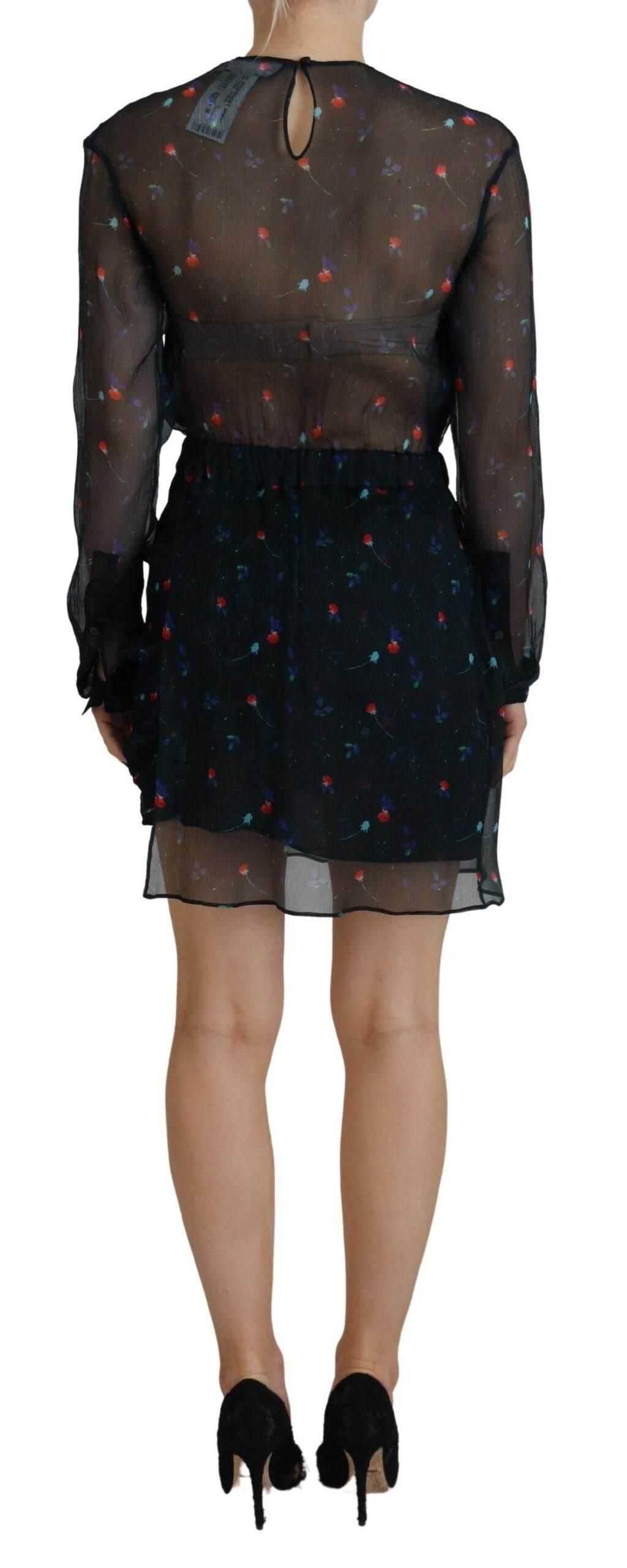 Dsquared² Black Floral Silk Long Sleeves Sheath Mini Dress - Hilstor