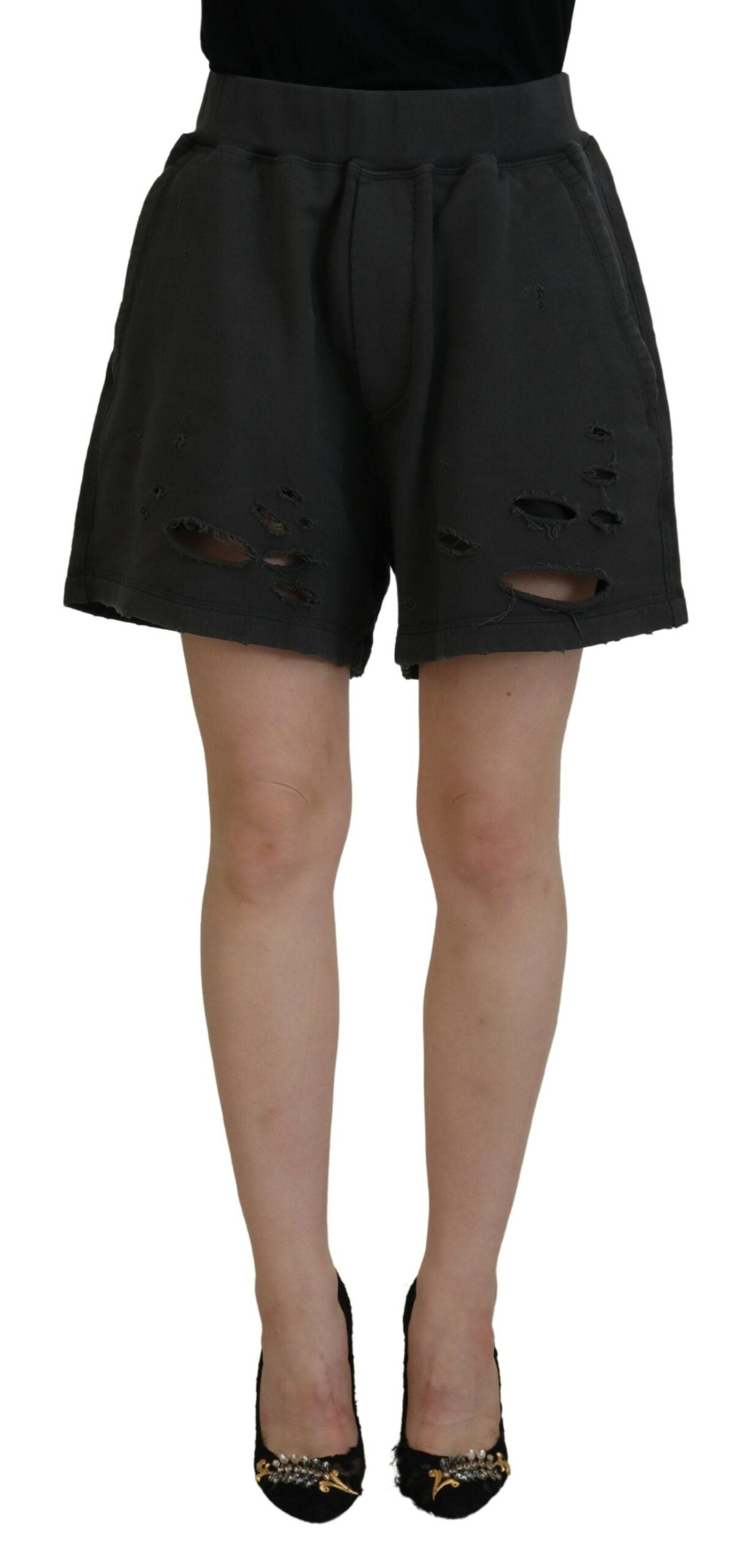 Dsquared² sorte bomuld med mellemtalje, tatterede tilspidsede shorts