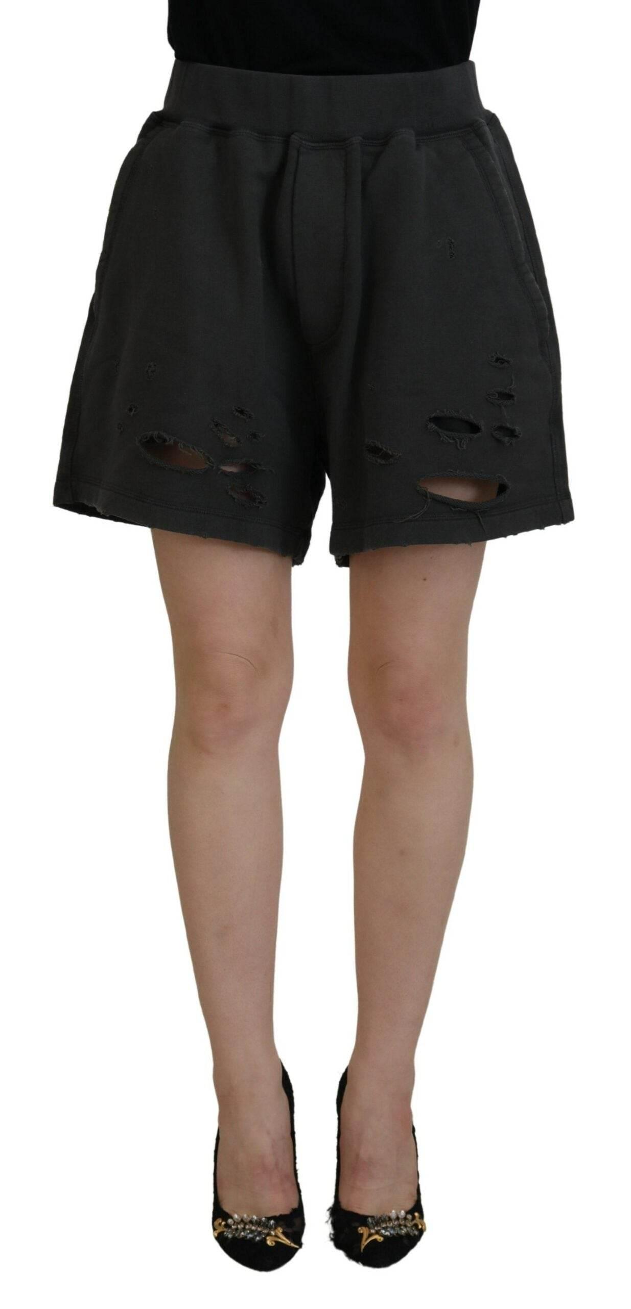 Dsquared² Black Cotton Mid Waist Tattered Tapered Shorts - Hilstor