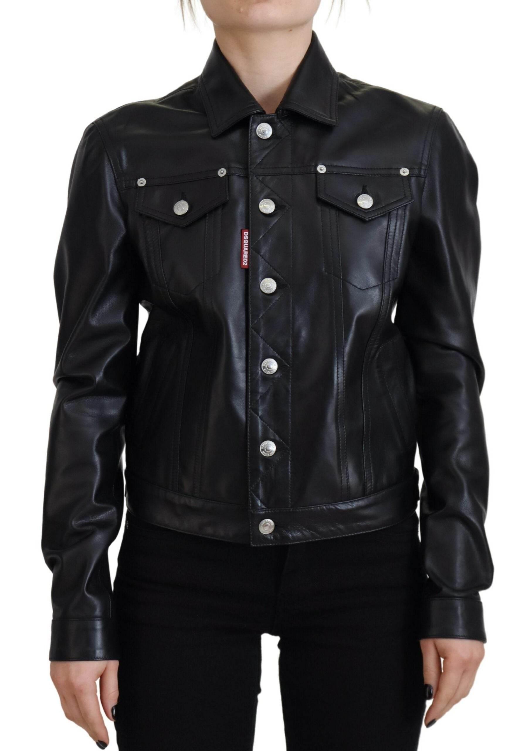 Dsquared² Black Leather Collared Long Sleeves Jacket - Hilstor