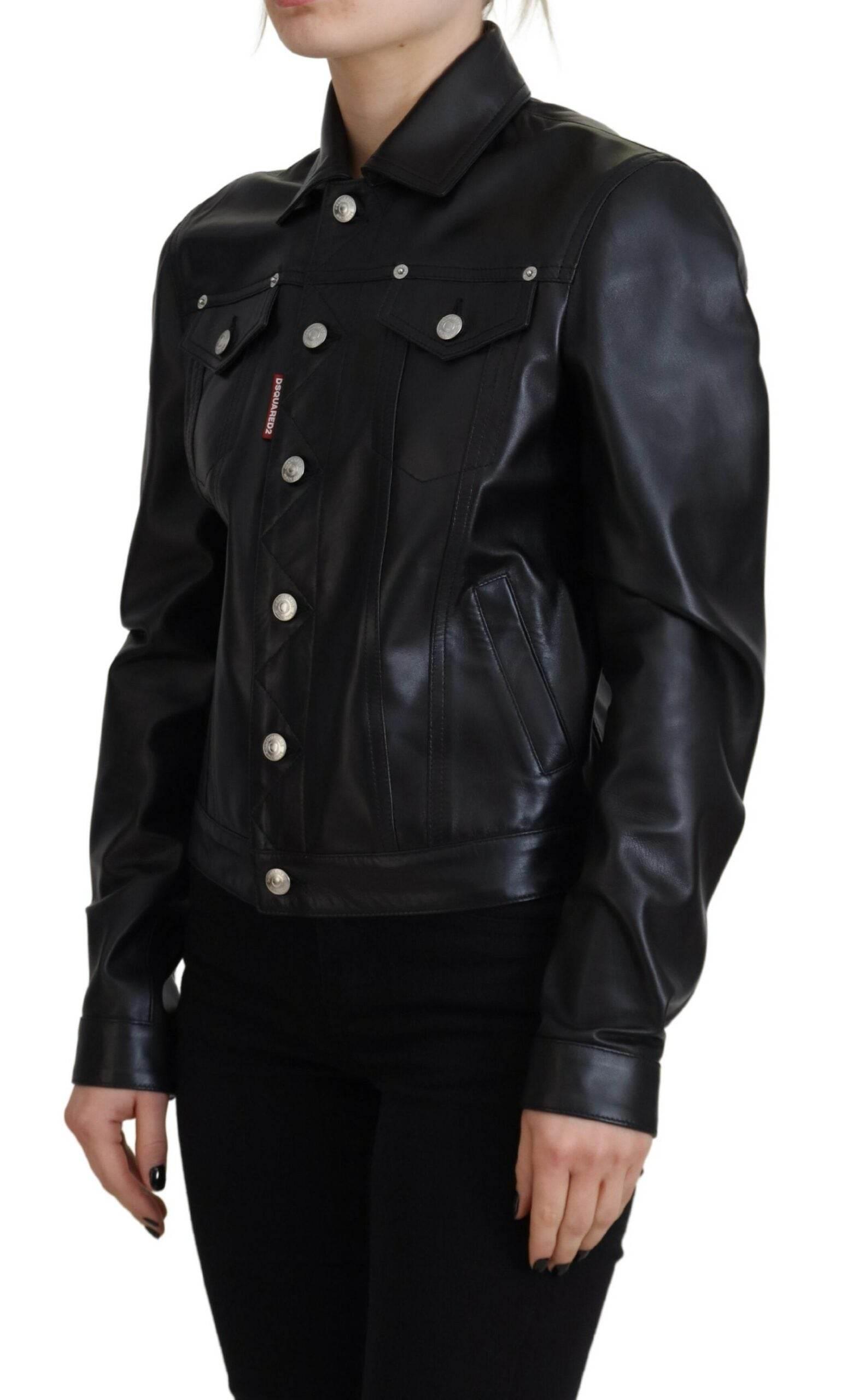 Dsquared² Black Leather Collared Long Sleeves Jacket - Hilstor
