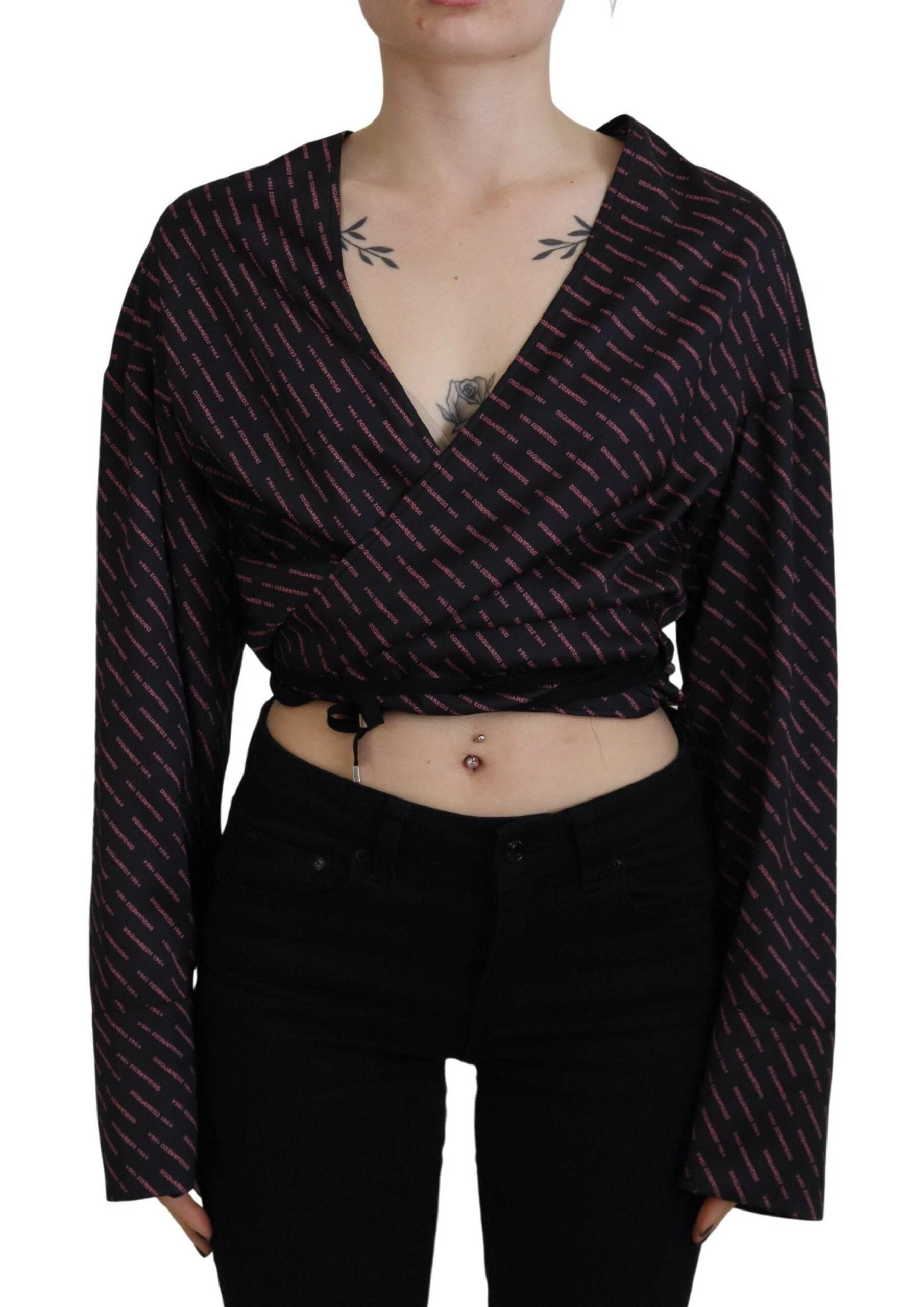 Dsquared² Black Polyester Cropped Logo Printed Blouse Top - Hilstor