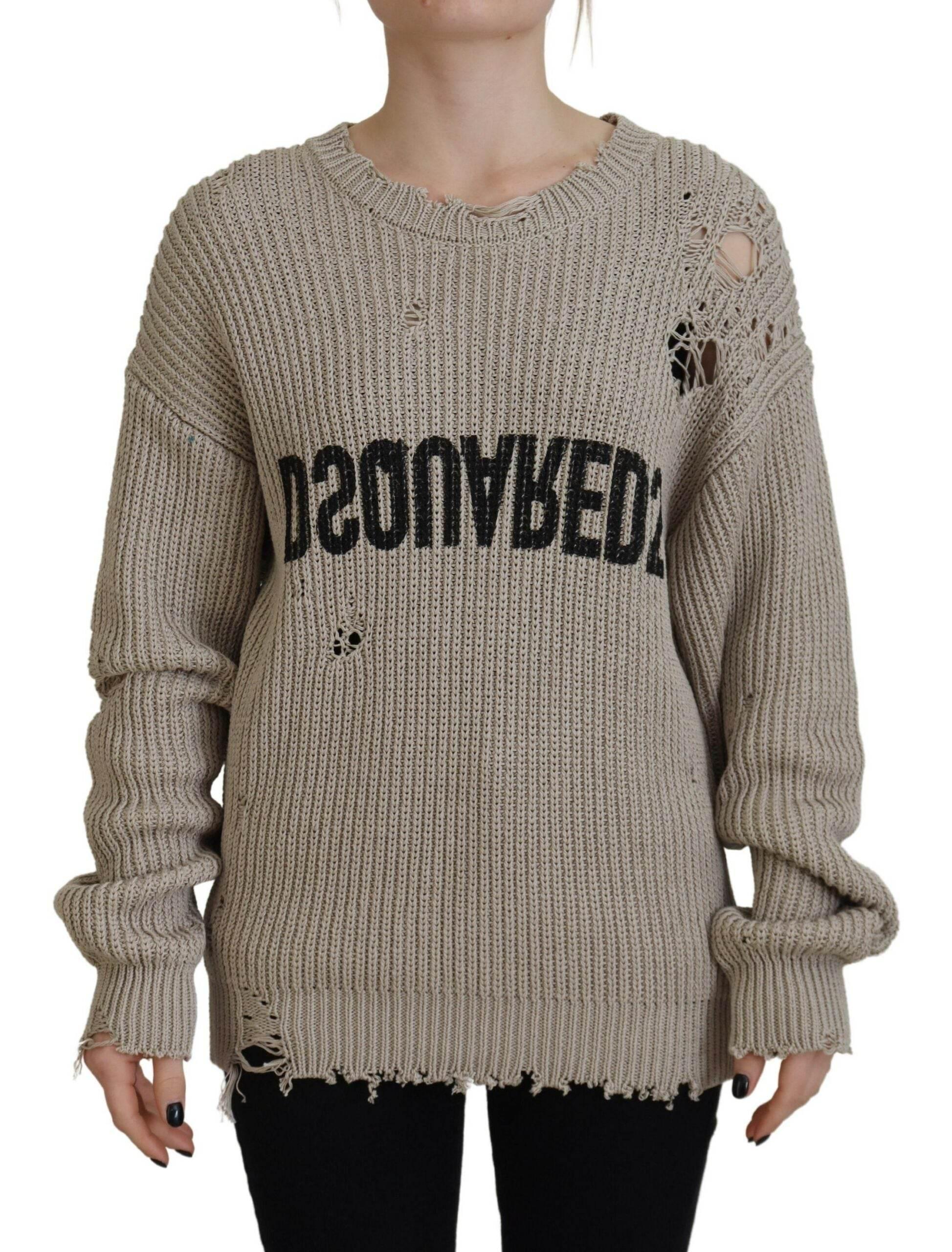 Dsquared² Beige Cotton Knitted Crewneck Pullover Sweater - Hilstor